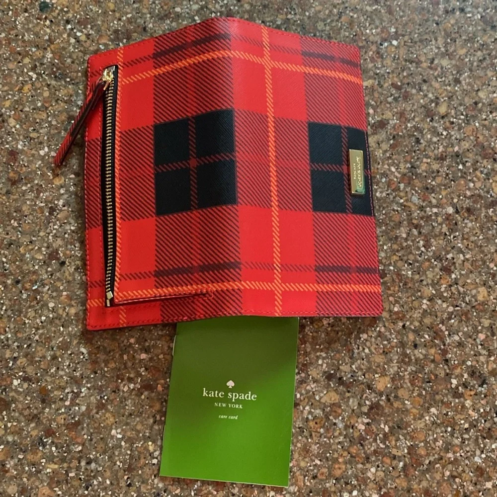 kate spade Red Black Plaid Continental Zip Wallet